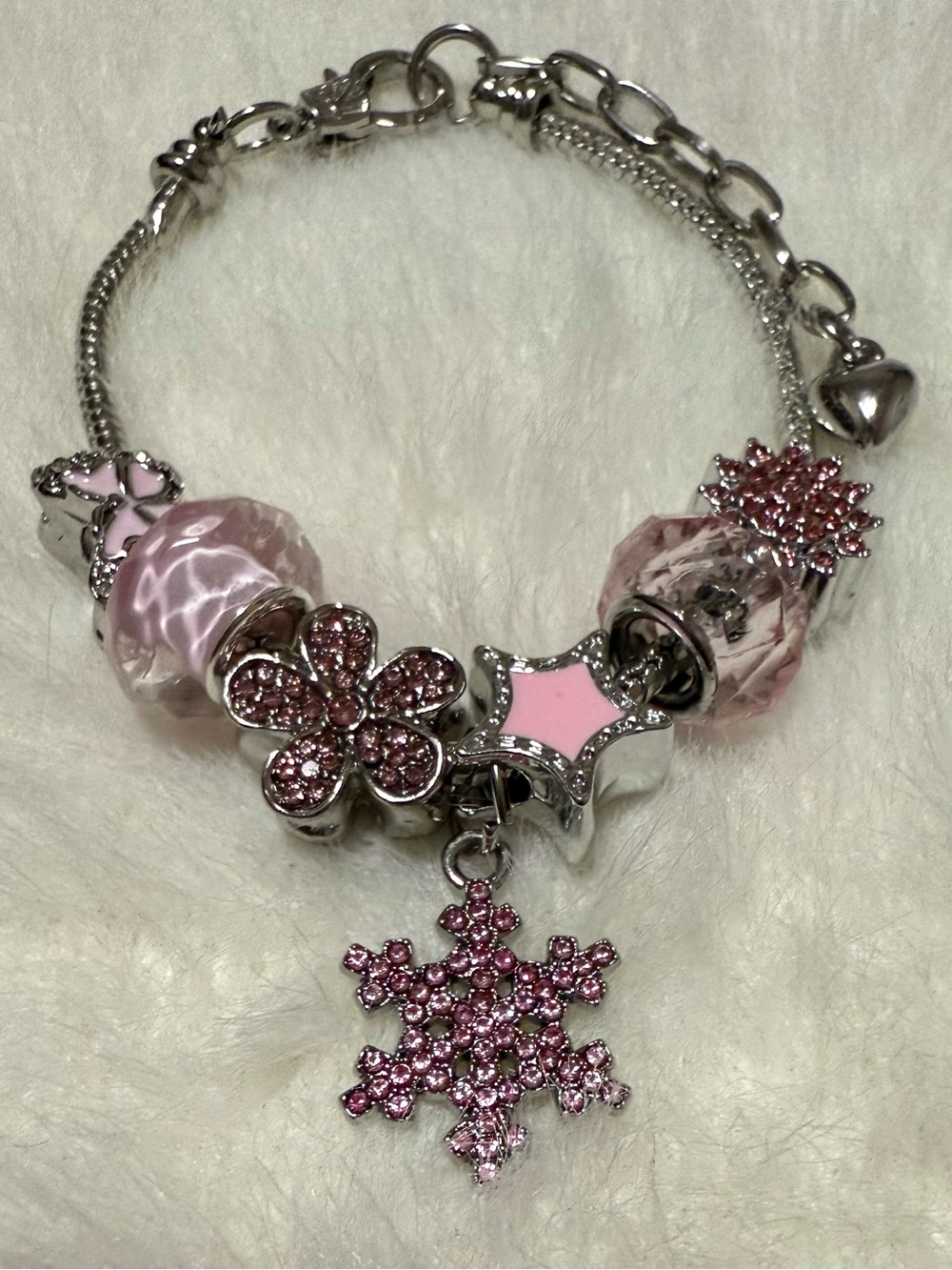 Stainless Steel Pink Crystal Snowflake Charm Bracelet